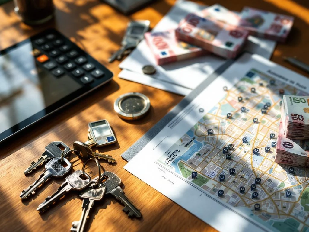 Rekenmachine met euro bedragen op houten bureau met Amsterdam huissleutels, huurcontracten en bankbiljetten voor vastgoedtransactie