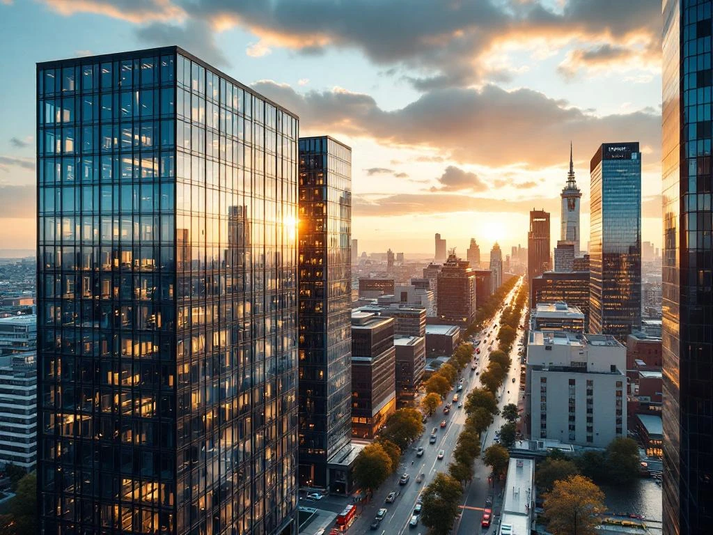 Luchtfoto van Amsterdam's moderne zakenwijk met glazen kantoorgebouwen tijdens gouden uur, stedelijke skyline op achtergrond