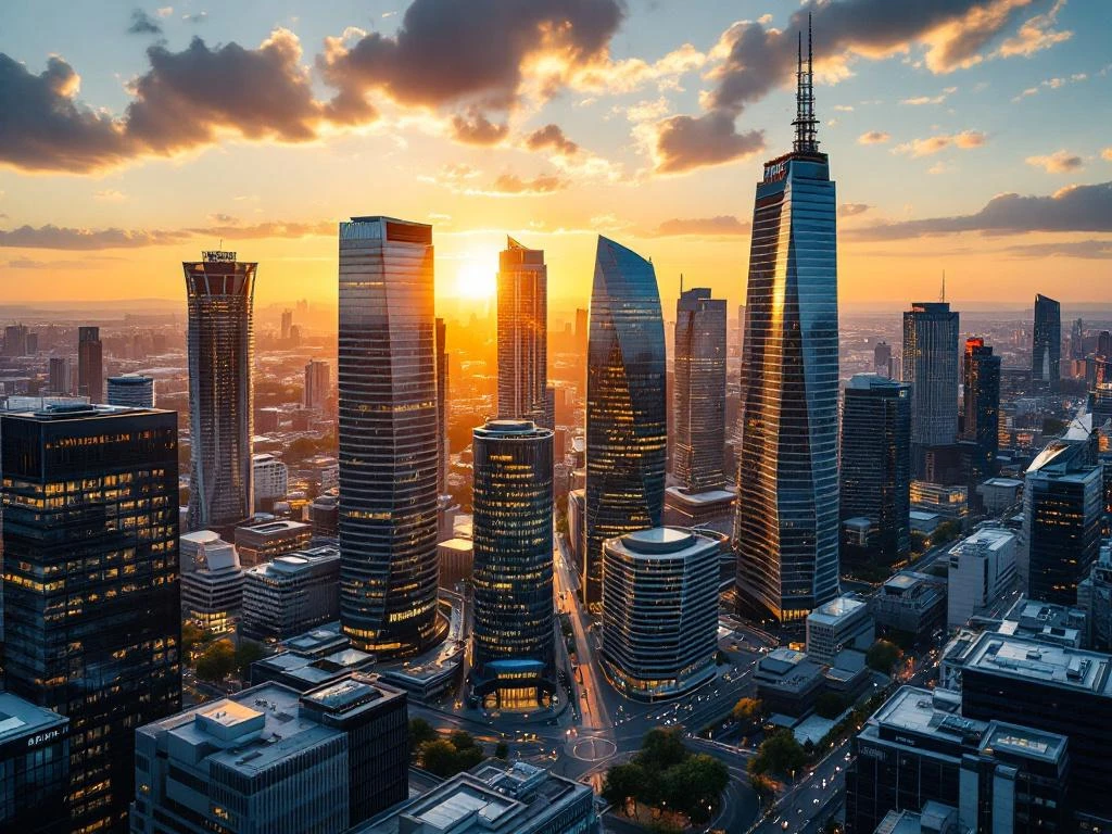 Luchtfoto van Amsterdam Zuidas zakendistrict met moderne wolkenkrabbers en kantoorgebouwen tijdens gouden uur