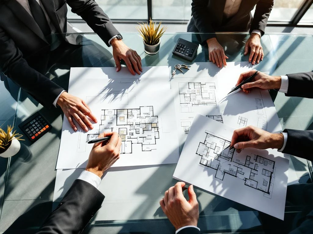 Businesspeople reviewing architectural floor plans during commercial real estate negotiation at modern glass conference table