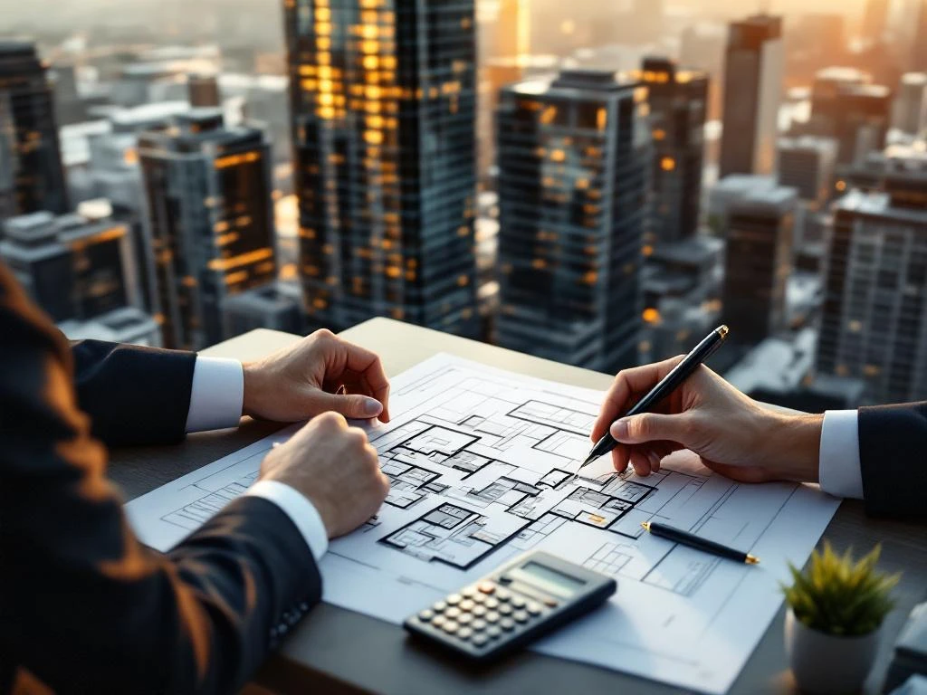Business professional reviewing architectural blueprints with calculator, modern glass office buildings in background