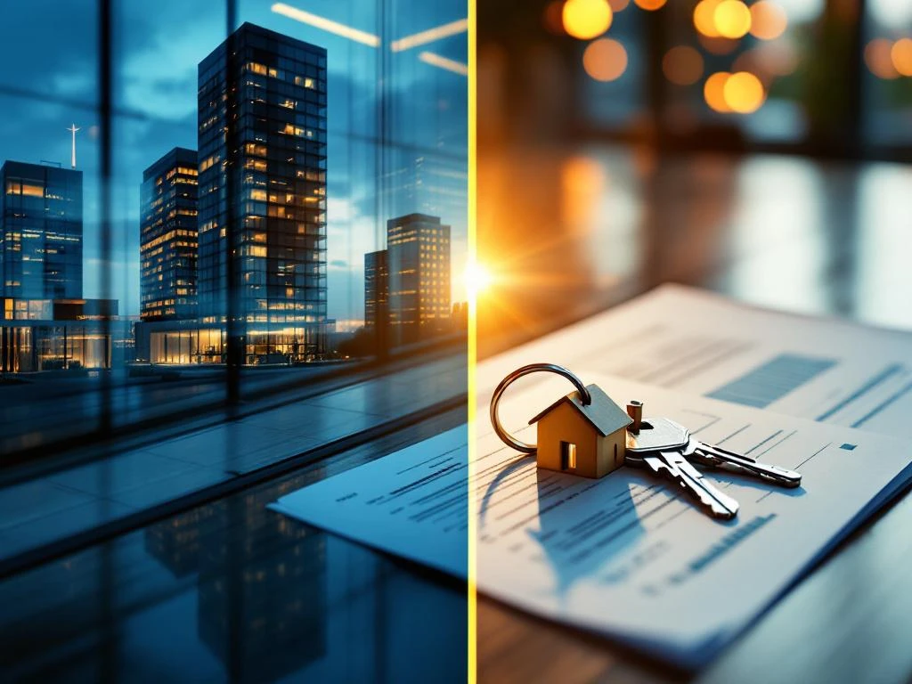 Split-screen showing modern glass office building and house keys on wooden desk with financial documents, connected by golden light bridge.