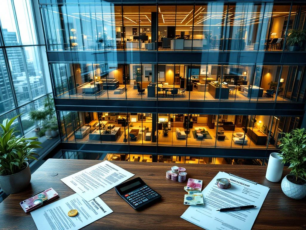 Modern glass office building overhead view with euro banknotes, calculator and rental contracts on wooden desk below