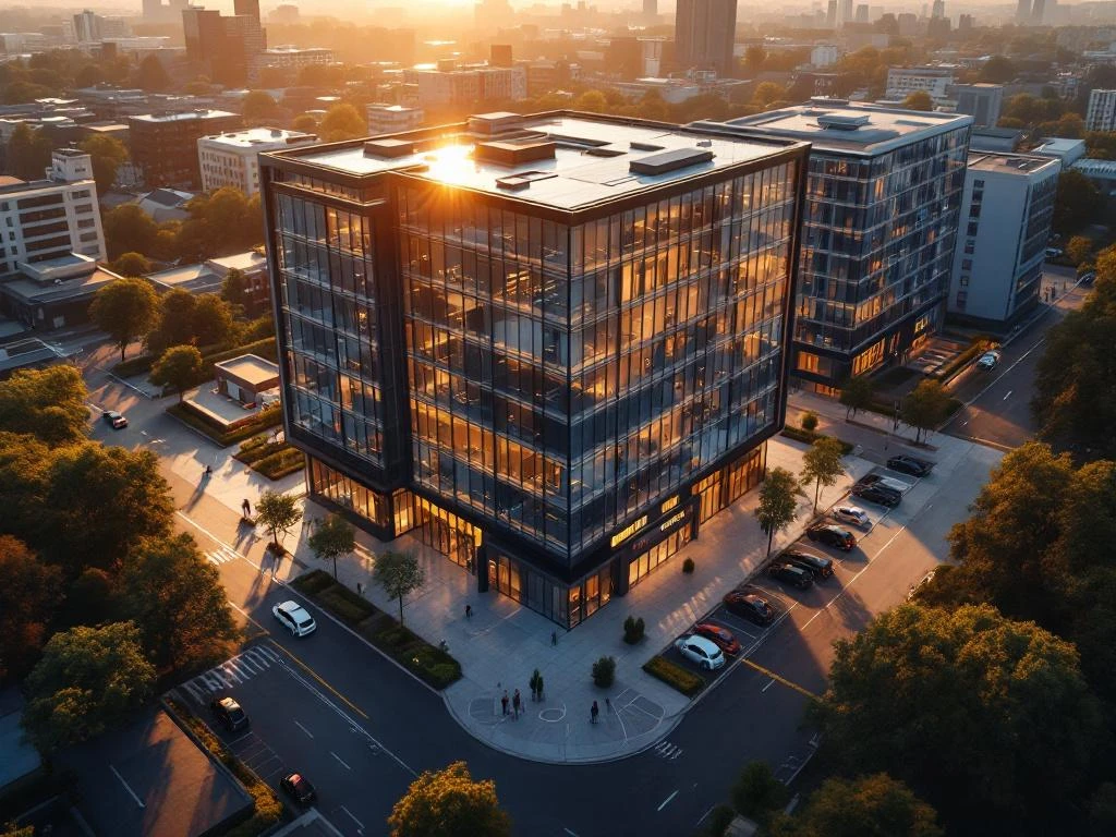 Luchtfoto van modern kantoorgebouw met glazen gevel in Nederlandse stad, met blauwprints voor vastgoedwaardering