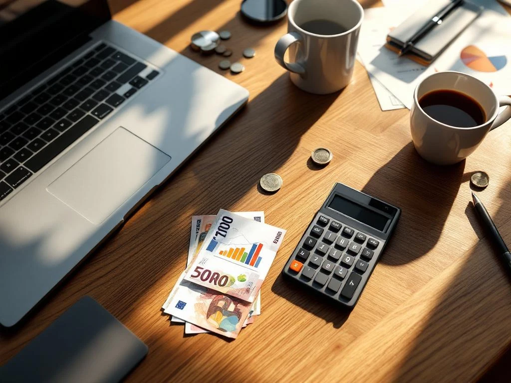 Modern office desk with laptop, calculator, euro banknotes and coins, financial documents with charts, and coffee cup.
