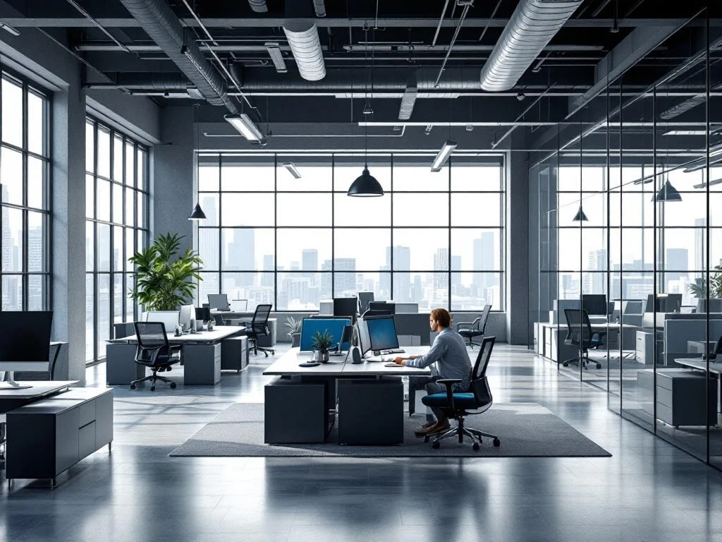 Modern flexible office space with modular furniture, moveable glass partitions, and adaptable workstations in blues and grays.