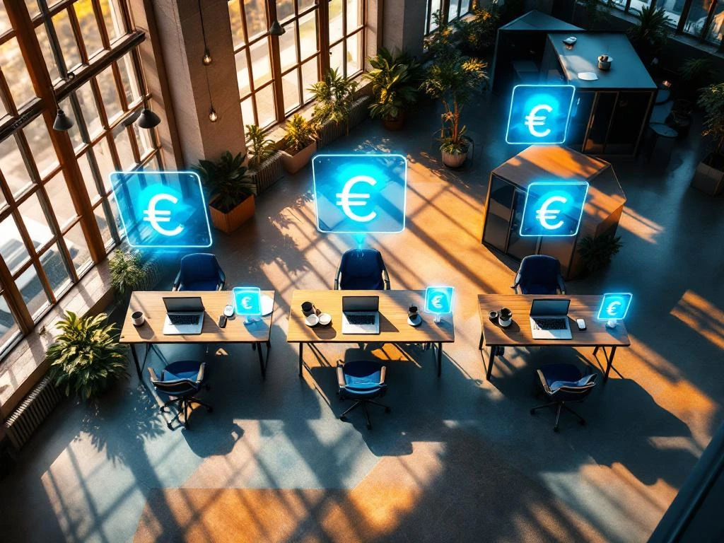 Modern flexible workspace met bureauopstellingen in verschillende prijsklassen, van hot-desk tot premium kantoor met holografische prijslabels