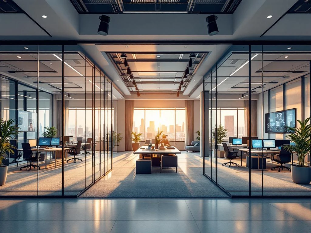 Split-screen office showing traditional corporate workspace on left and modern flexible workspace on right with digital connectivity elements in center