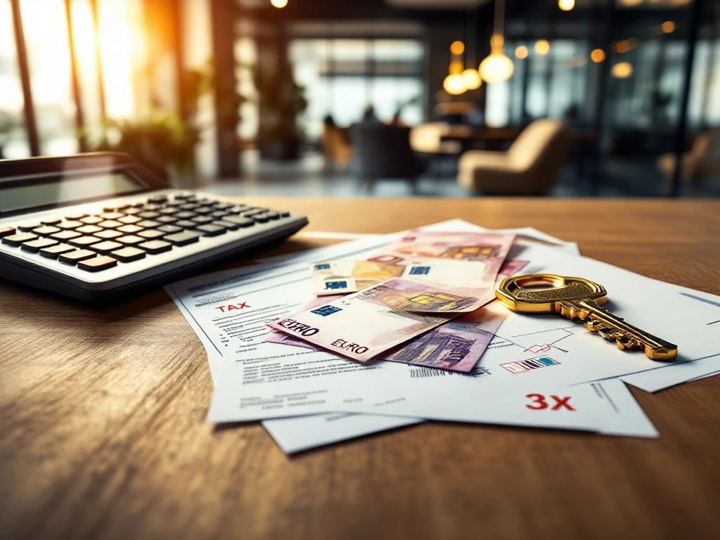 Modern office desk with calculator, euro banknotes, tax documents, and golden key representing property ownership