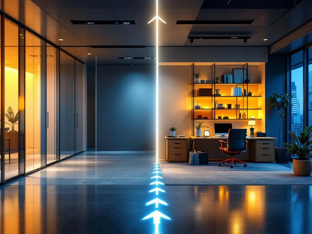 Split-screen vergelijking van moderne kantoorruimte met glazen wanden versus rommelig thuiskantoor met laptop en afleidingen