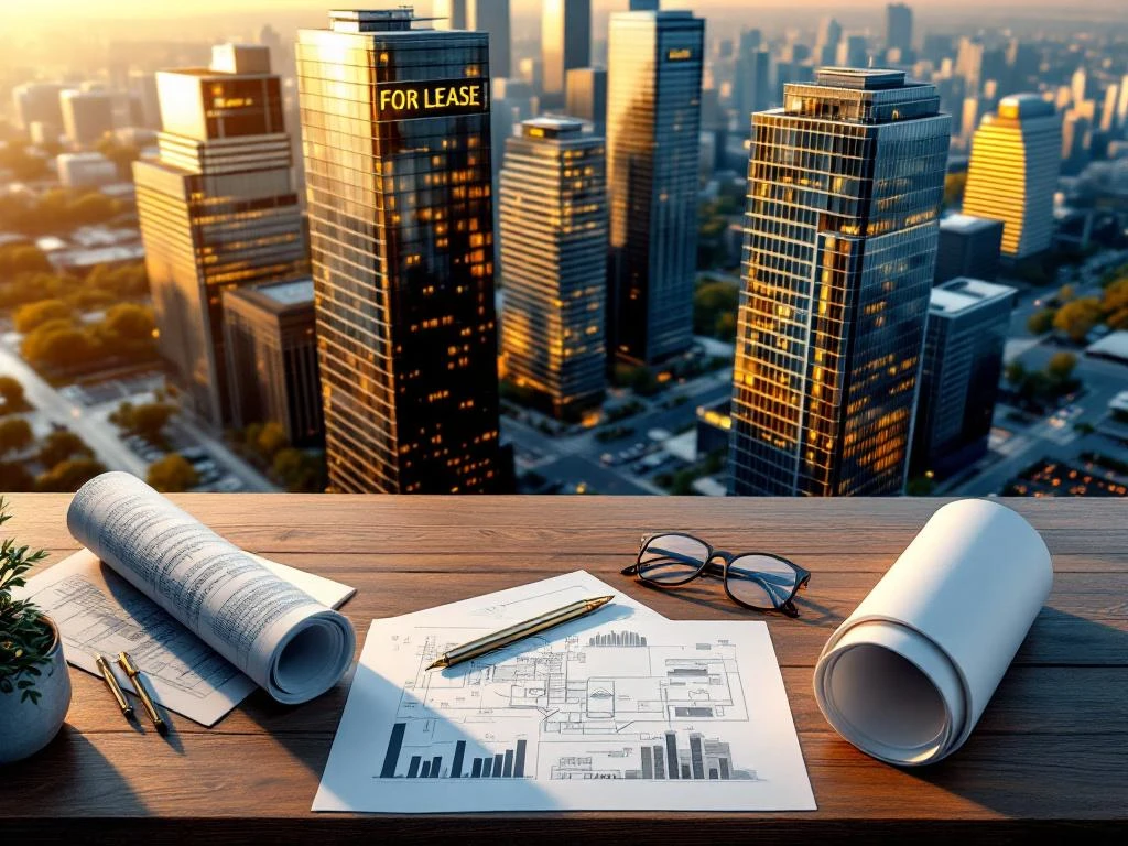 Modern glass office towers with for lease signs at sunset, architectural blueprints on wooden desk in foreground.