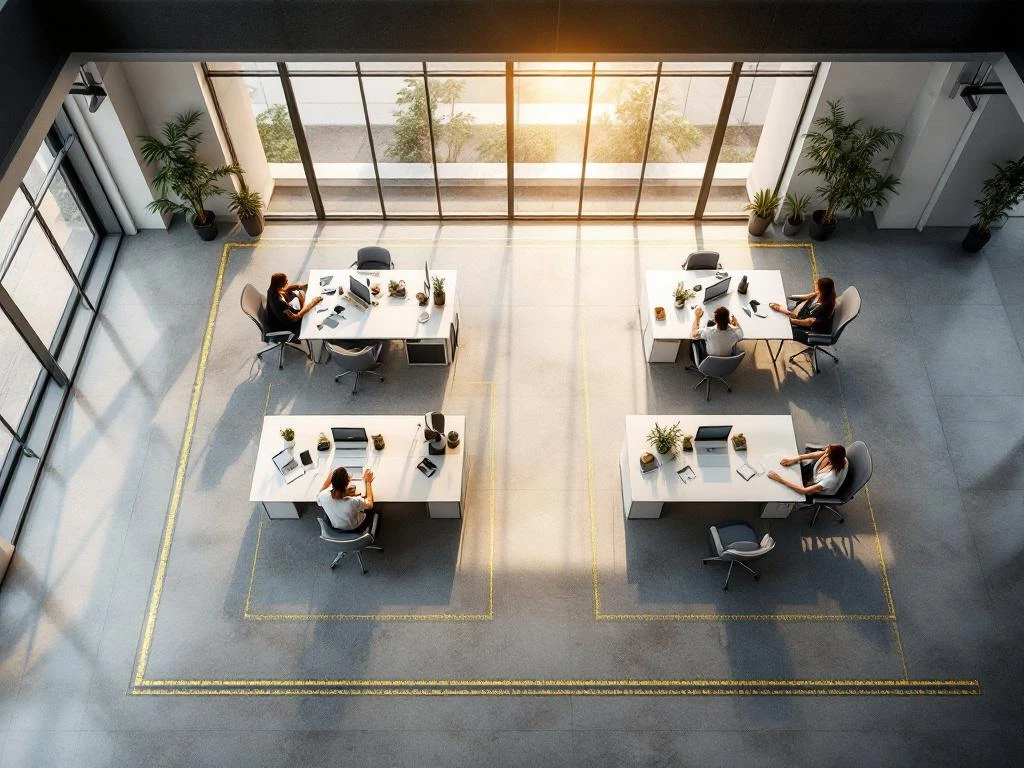 Aerial view of modern minimalist office with four ergonomic workstations, floor-to-ceiling windows, and space planning lines.