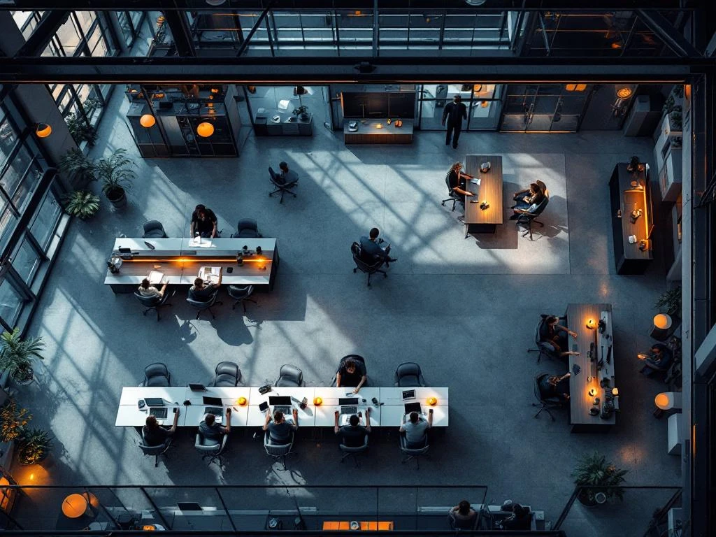 Modern open-plan office with 50 workstations, glass conference rooms, and natural lighting through floor-to-ceiling windows.