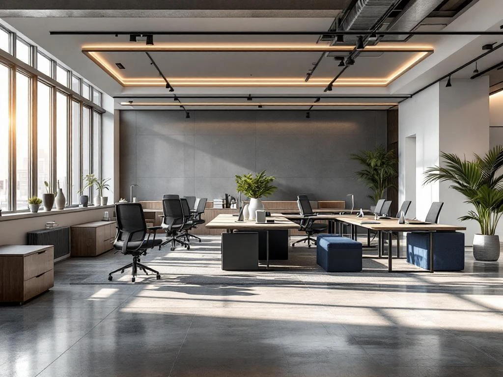 Modern hybrid office space with traditional conference area and flexible workspace featuring adjustable desks and natural lighting.