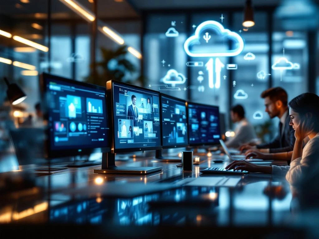 Modern office space with wireless charging stations, multiple monitors, video conferencing equipment, and smart lighting technology.