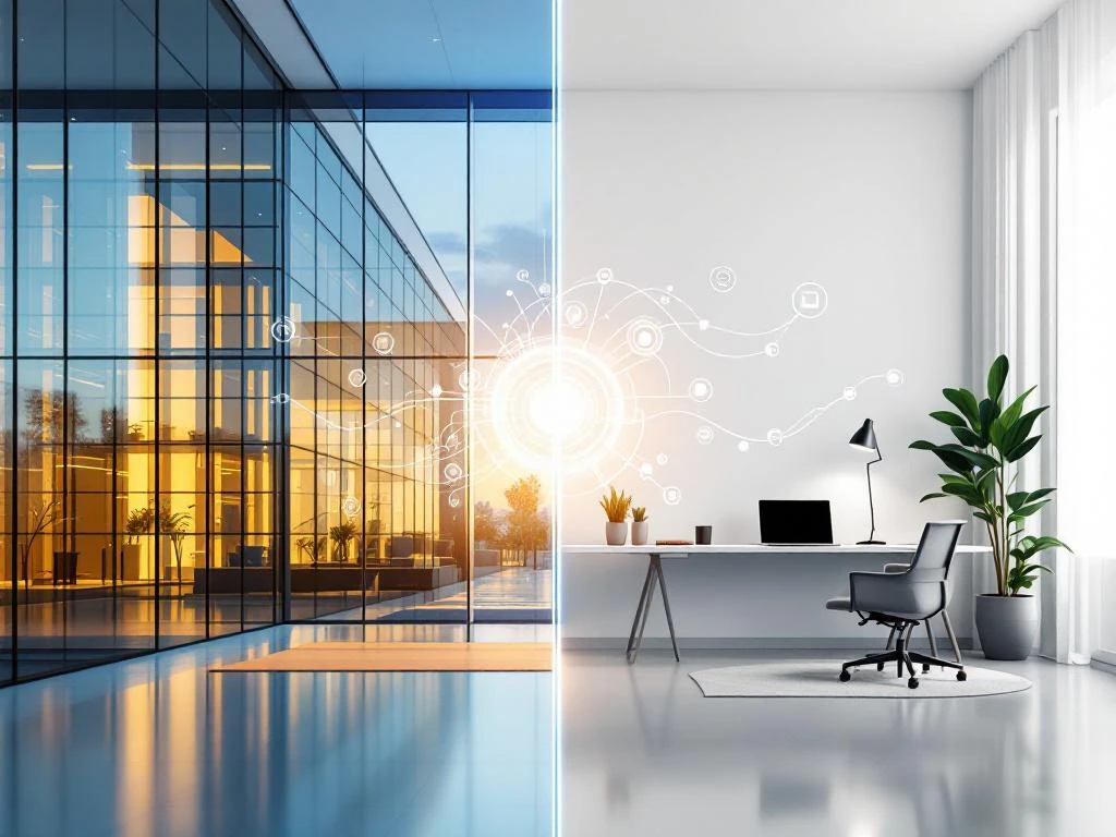 Split-screen showing modern office building transitioning to home office setup connected by digital elements representing remote work bridge.