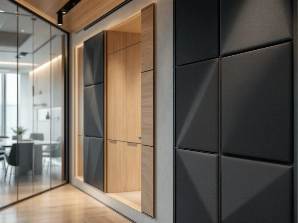 Modern office with charcoal and wood acoustic panels featuring geometric patterns on walls, glass partitions and minimalist furniture