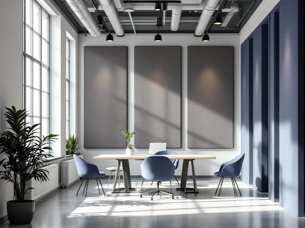 Modern office interior with gray and navy acoustic panels, contemporary furniture, and natural light through large windows.