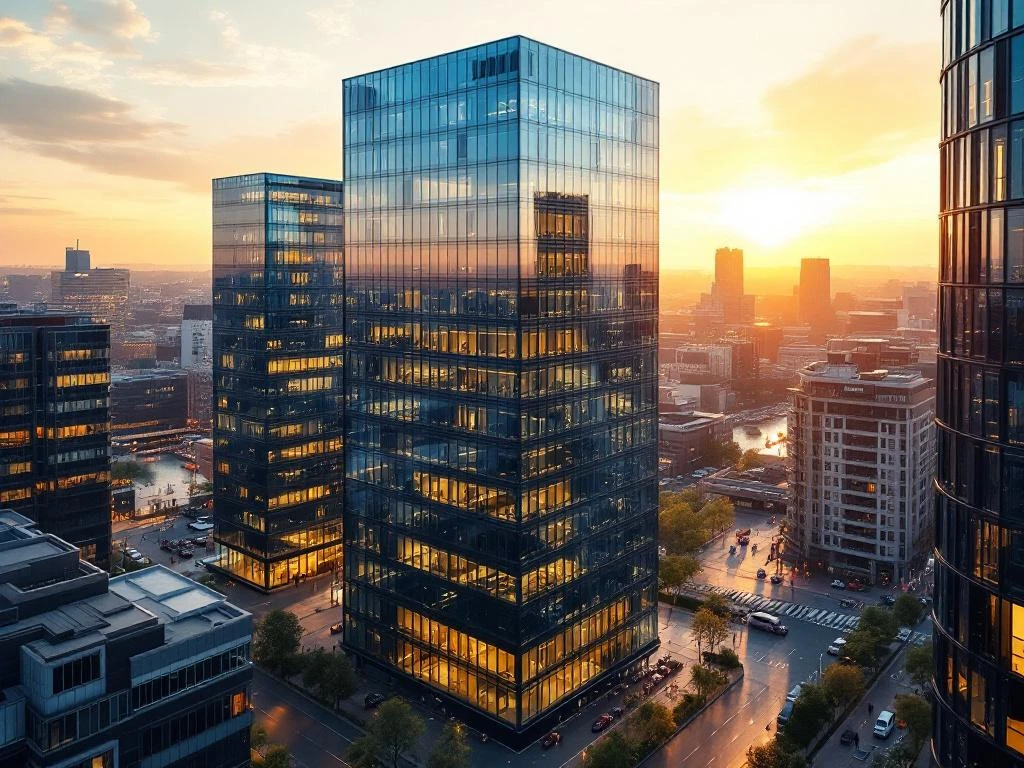 Luchtfoto van moderne Amsterdam kantoorgebouwen met glazen gevels die gouden zonlicht reflecteren tijdens zonsondergang.