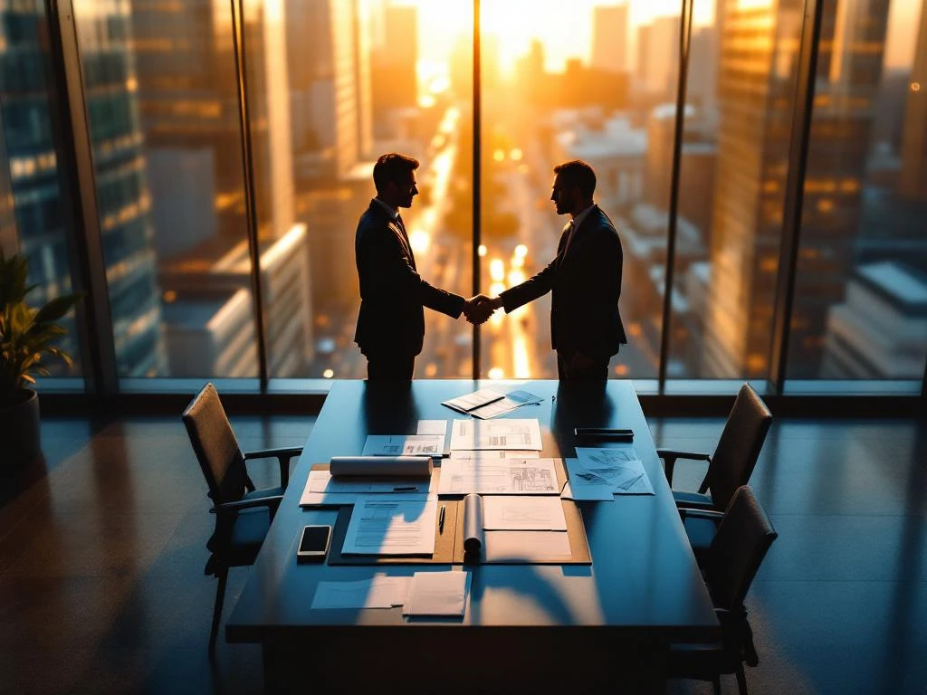 Two business professionals shaking hands over lease documents in modern glass office building during golden hour