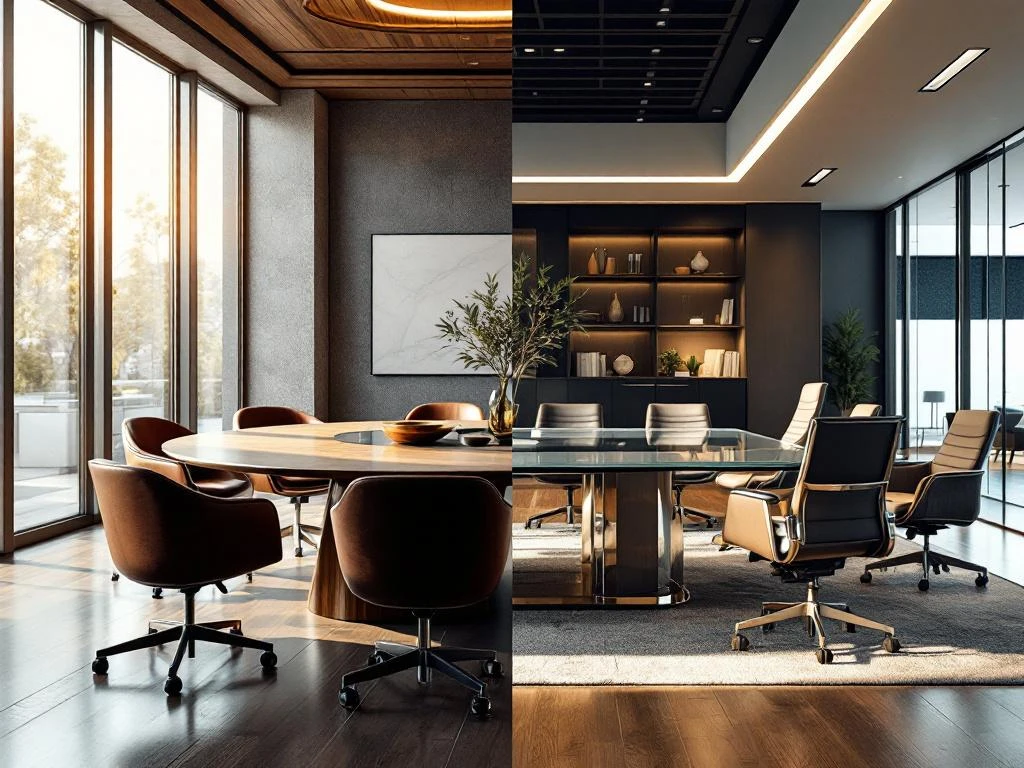 Modern office conference tables: round wooden table with leather chairs versus rectangular glass table with ergonomic seating