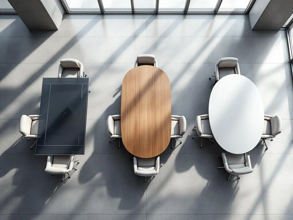 Modern office conference room with three meeting tables: rectangular glass, oval wood, and circular white, surrounded by ergonomic chairs