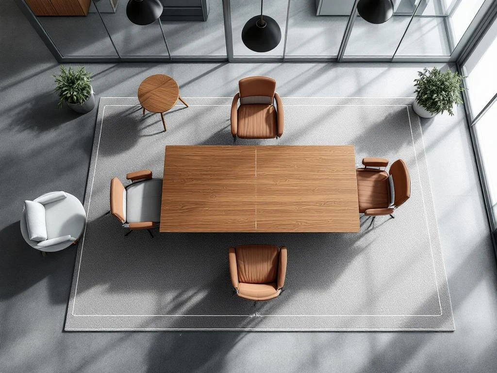 Modern conference room overhead view showing wooden meeting table with proper spacing between ergonomic chairs and glass walls
