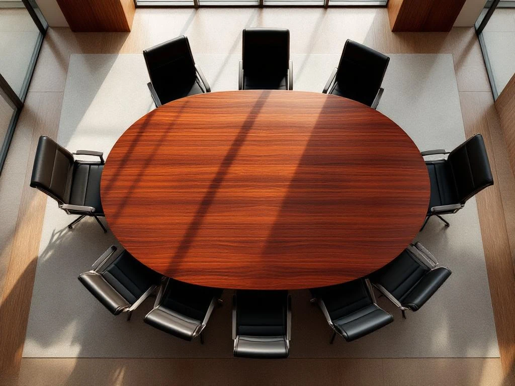 Oval mahogany conference table with 8 black leather chairs in modern boardroom with floor-to-ceiling windows
