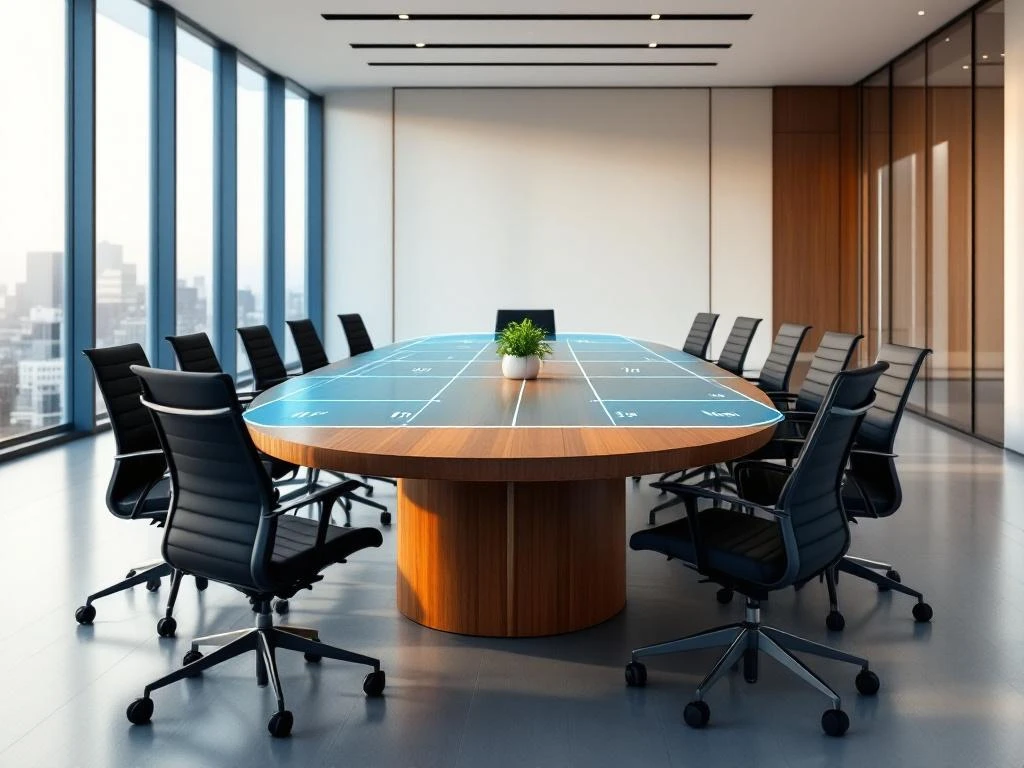 Modern oval conference table for 10 with black ergonomic chairs in contemporary office meeting room with natural lighting.