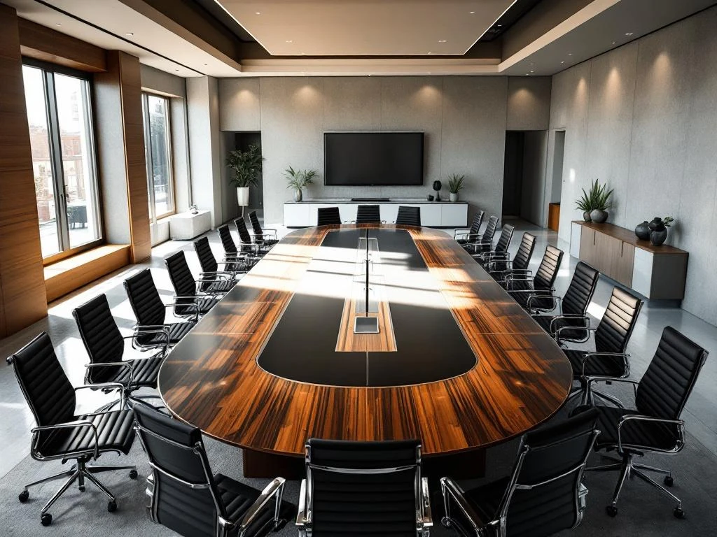 Elegant conference room with oval mahogany table surrounded by 20 black leather chairs, natural light from windows.