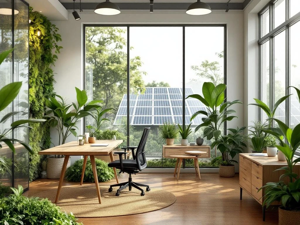 Modern sustainable office with reclaimed wood desk, living moss walls, bamboo furniture, and solar panels visible outside