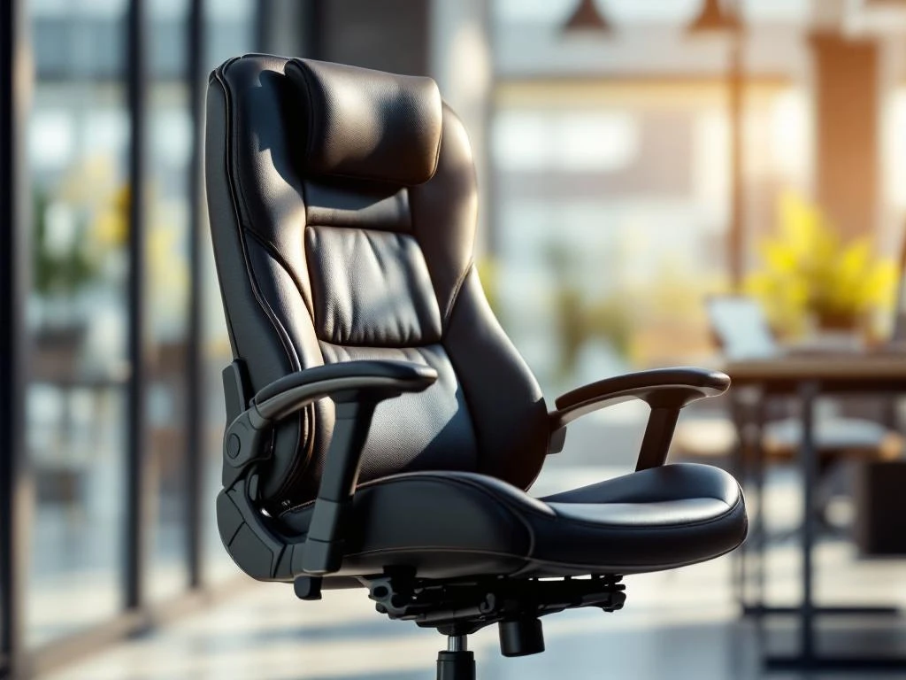 Premium ergonomic office chair with leather upholstery and lumbar support in modern corporate workspace with natural lighting