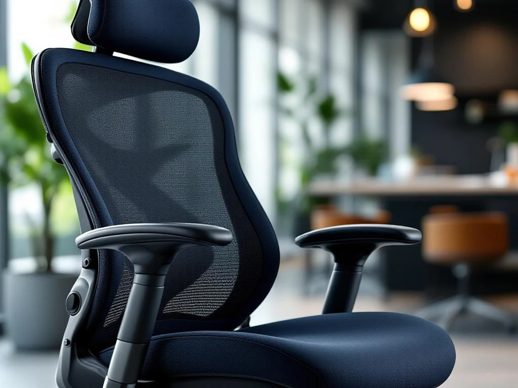 Premium ergonomic office chair with adjustable lumbar support, mesh backrest, and padded armrests in modern office setting