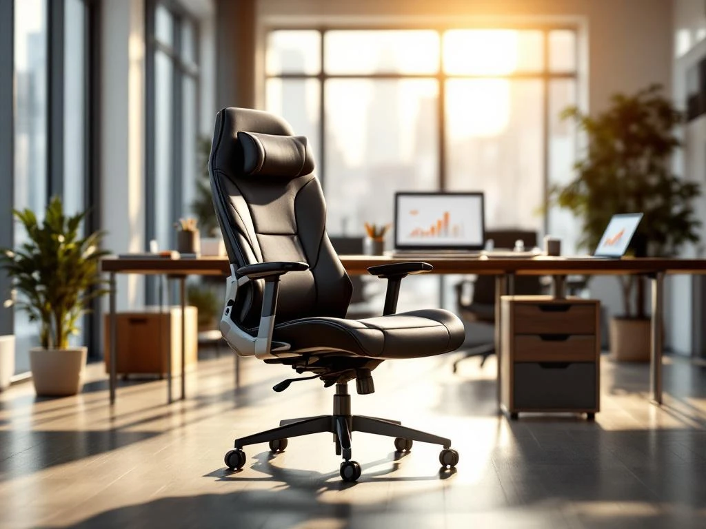 Ergonomic office chair with leather upholstery in modern workspace with natural lighting and productivity accessories