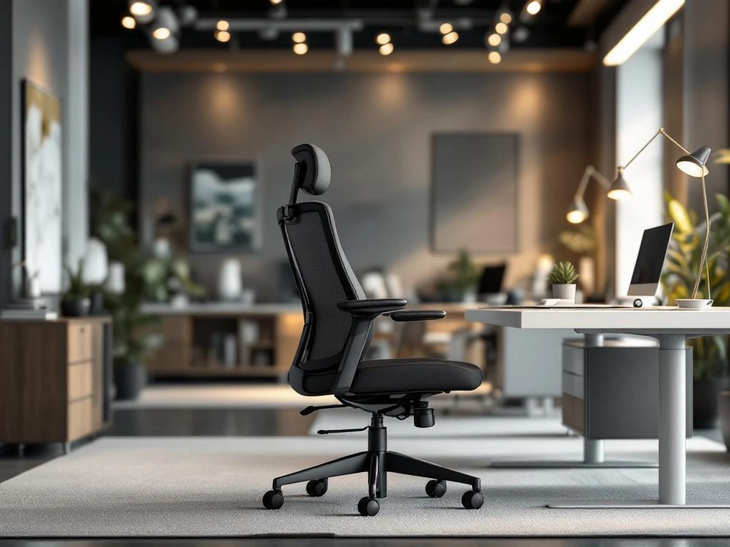 Premium ergonomic office chair with lumbar support at modern desk in sophisticated commercial workspace