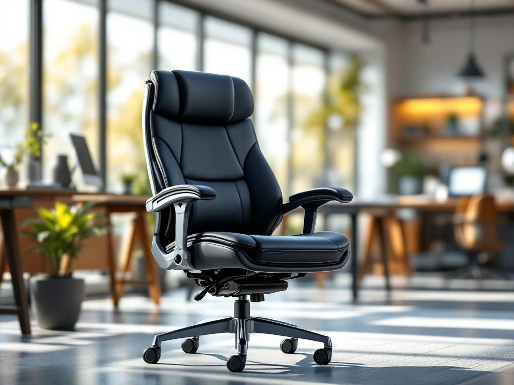 Premium ergonomic office chair with black leather upholstery and chrome accents in modern bright workspace
