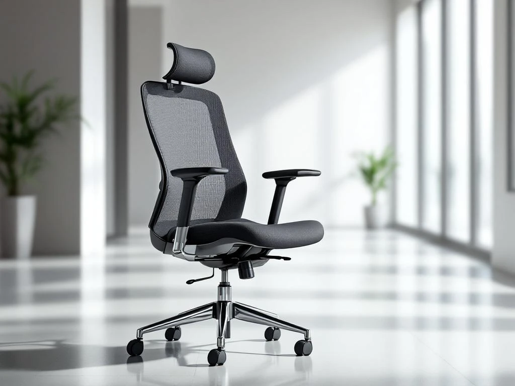 Modern ergonomic office chair with black mesh back, adjustable armrests, and aluminum base in bright contemporary office.