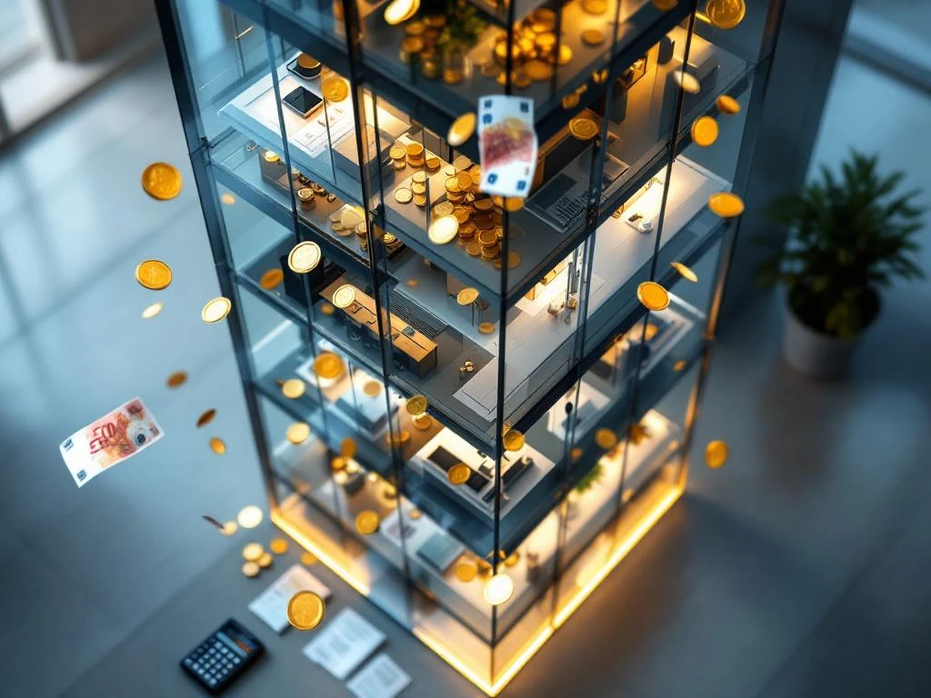 Modern glass office building with transparent floors, scattered euro banknotes and coins, calculator at base