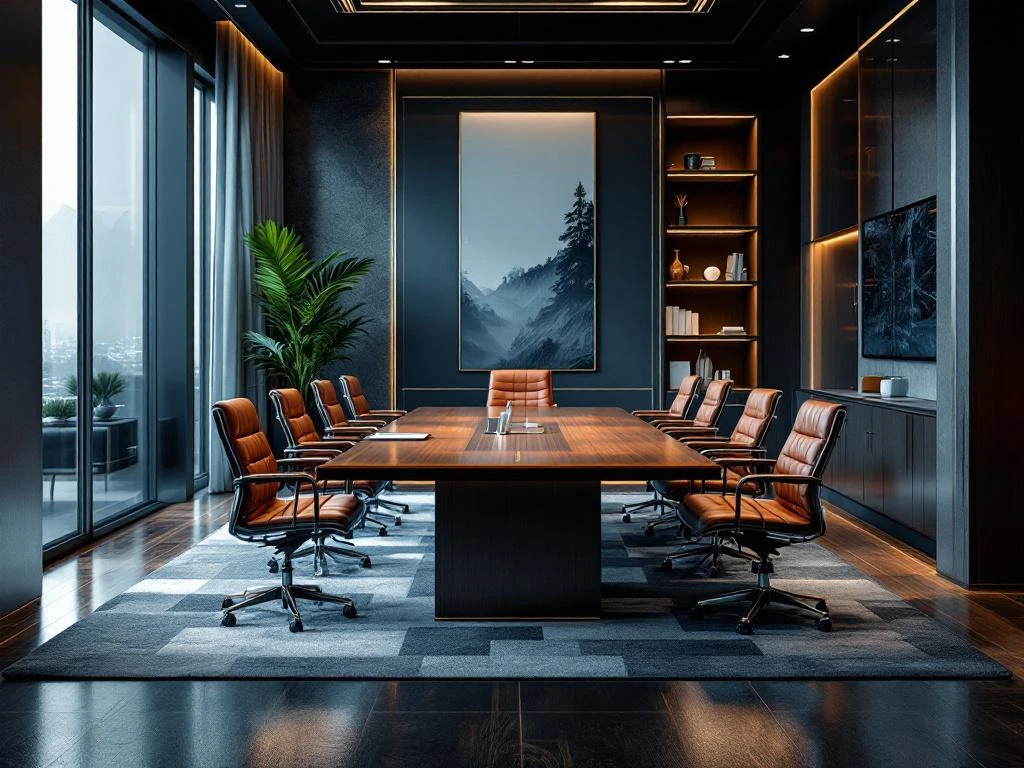 Luxurious office interior with executive conference table, leather chairs, designer lighting, and premium furnishings