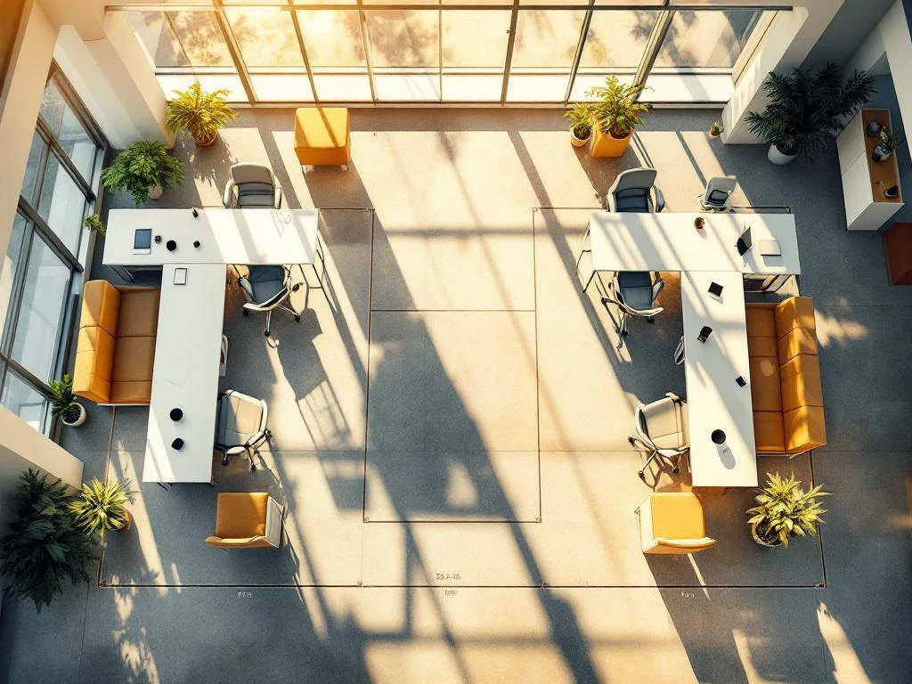 Modern open-plan office with glass partitions, ergonomic workstations, and floor markings showing space planning layout