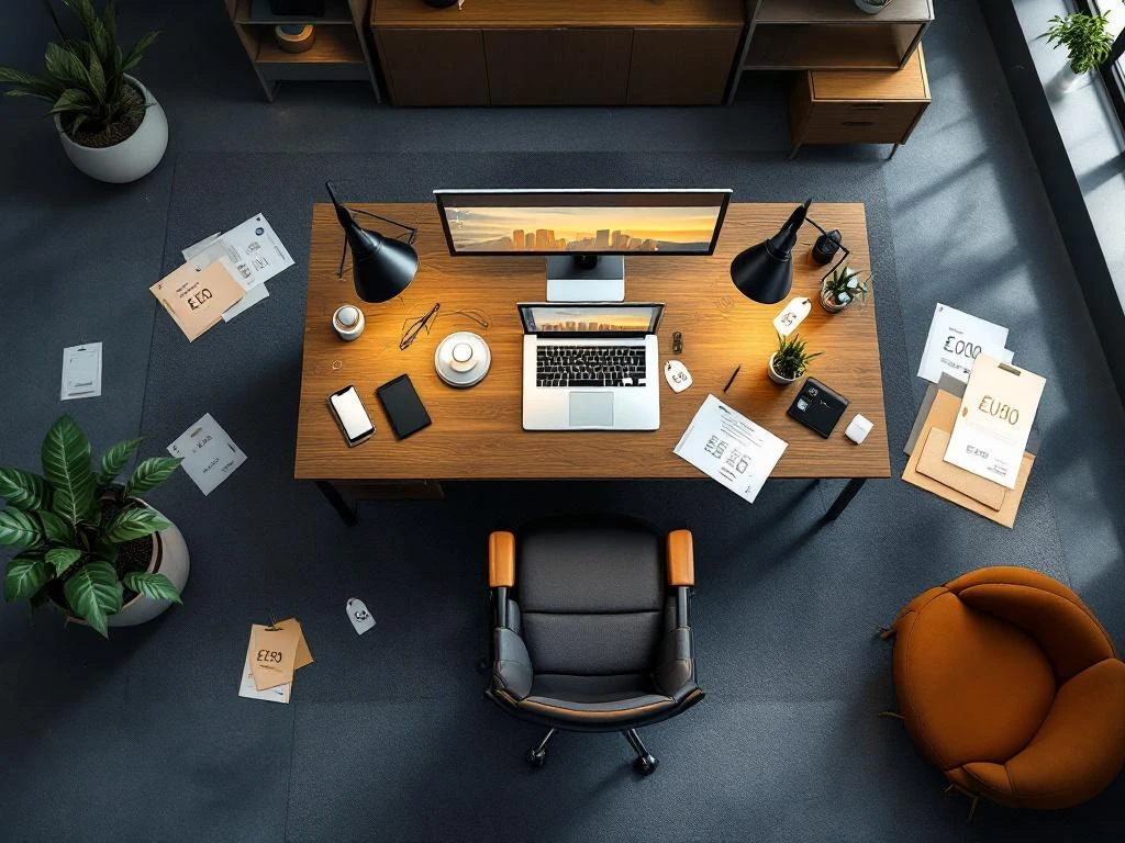 Moderne kantoorwerkplek met bureau, laptop, monitors en prijsberekeningen voor kantoorinrichting met euro symbolen