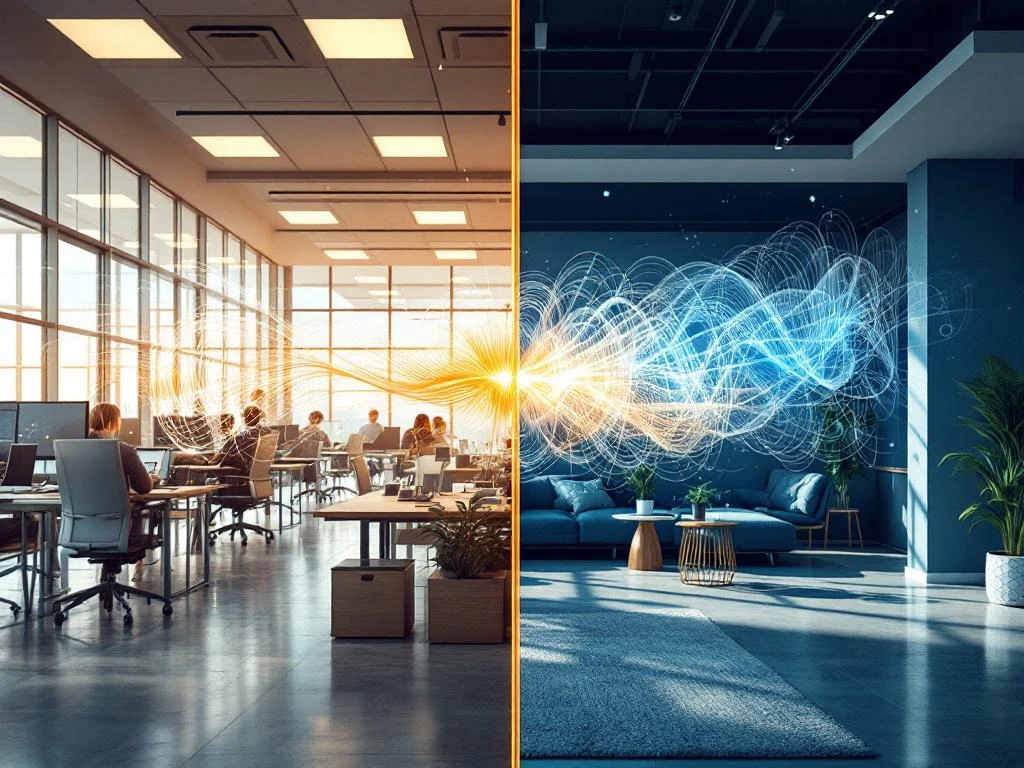 Office interior split view comparing poor acoustics with sound waves on left versus good acoustics with panels on right