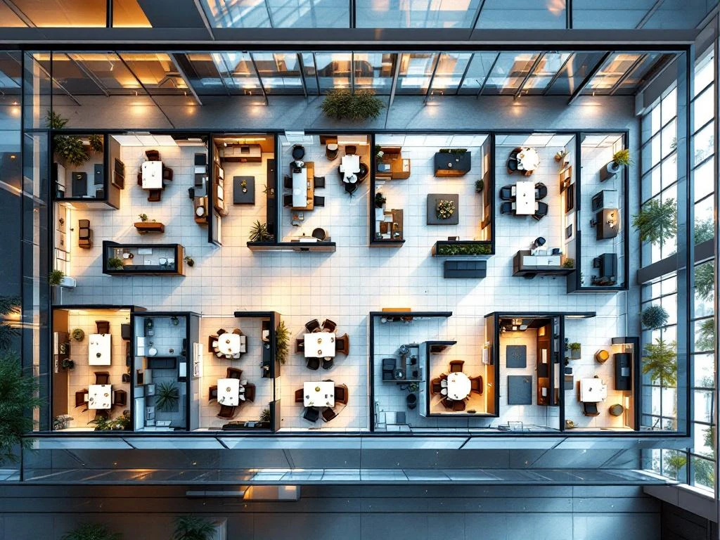 Aerial view of modern glass office building floor plan showing measured office spaces of various sizes with natural lighting