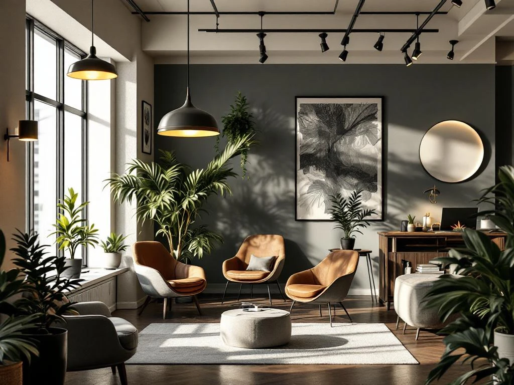 Modern office interior with wooden furniture, ergonomic seating, pendant lighting, and decorative plants by large windows.
