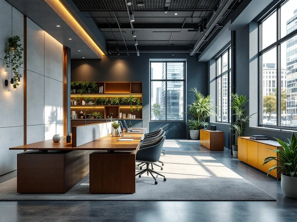 Modern office space with modular furniture, wood accents, green walls, and large windows overlooking urban buildings.