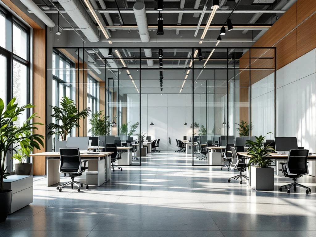 Modern open-plan office with glass partitions, ergonomic workstations, wooden accents, and natural light through windows.