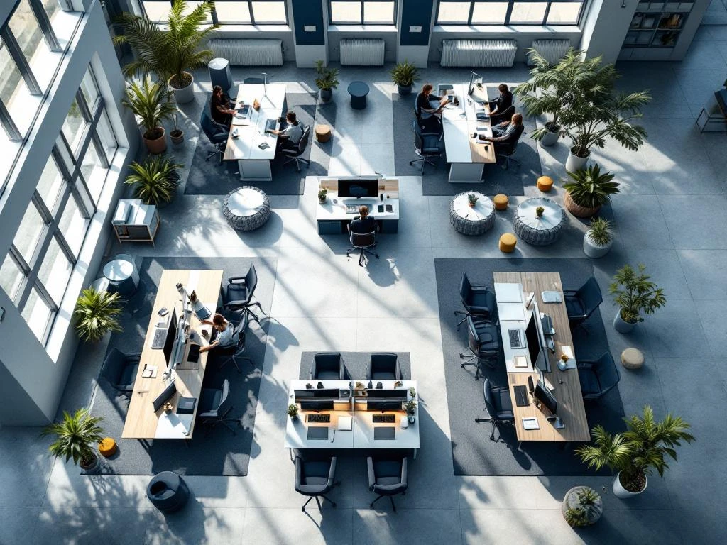 Bird's-eye view of modern office space with ergonomic workstations, navy furniture, natural lighting, and collaborative zones.