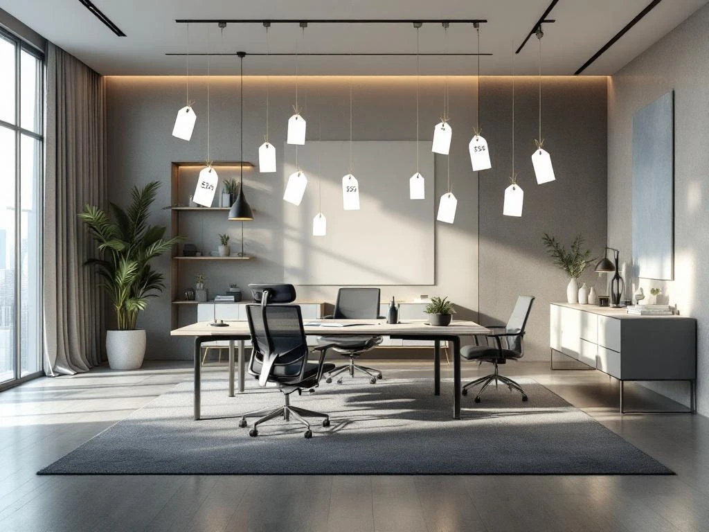 Modern office space with ergonomic chairs, contemporary desks, and stylish storage featuring floating price tags and professional lighting.