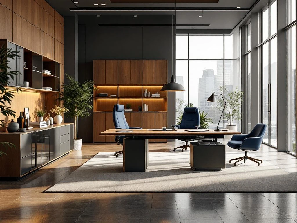 Modern office interior with executive desk, ergonomic chairs, and contemporary furniture in navy and charcoal tones.