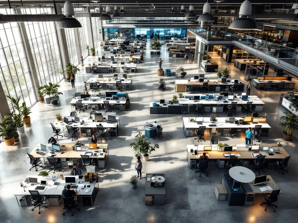 Aerial view of modern open-plan office with 100 ergonomic workstations, glass partitions, and natural lighting.